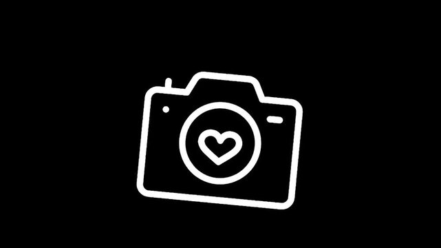 Simple white camera icon with a heart symbol on a black background