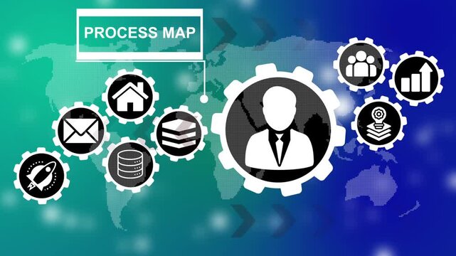Business process map with icons and world map background concept. Business, Technology, Internet and network concept ,Abstract technology symbols