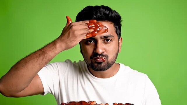 Young man eats large ribs with dripping red sauce on green background. He makes funny faces while enjoying the meal. Perfect for food blogs, mukbang videos, or humorous advertisements.