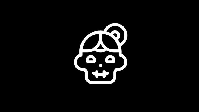 Stylized white icon of a zombie girl's head with a bun on a black background