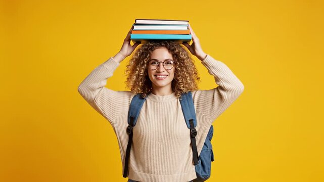 Cheerful curly haired student wearing glasses balances a stack of colorful books on her head while wearing a backpack against a vibrant yellow studio backdrop in a real-time shot.