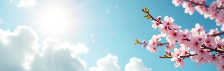 Obraz premium Pink apricot tree blossoms on sunny blue sky with clouds. Branch with flowers, buds, green leaves. Springtime nature scene background with copy space. Bright daylight.