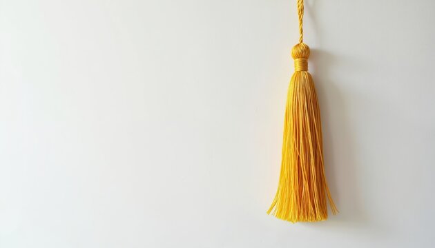 Single gold tassel hangs on white wall. Decorative element with threads. Elegant symbol for award achievement success graduation event or celebration. Isolated object clean bright light.