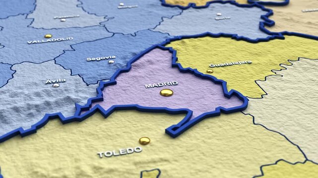 3D animation of a map of Spain zooming into the Madrid region