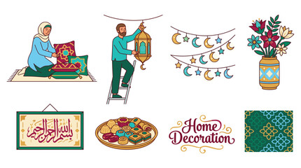 Obraz premium Man decorating home with festive Ramadan decorations, hanging lanterns and garlands with crescent moons and stars.