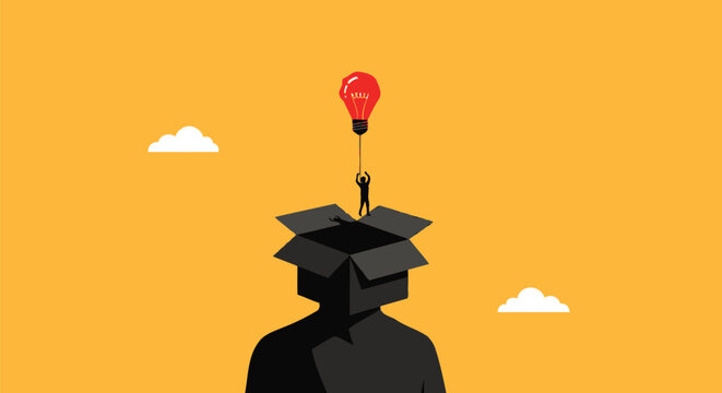 Silhouette of a tiny person holding a red lightbulb balloon escaping from a black box head 