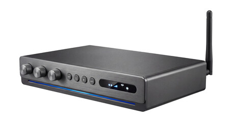 Obraz premium Network audio processor with Ethernet port and Wi-Fi antenna.