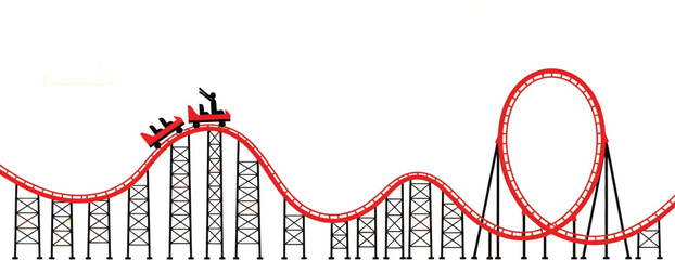 Two small red roller coaster cars ascend and traverse a track featuring a vertical loop structure supported by black.