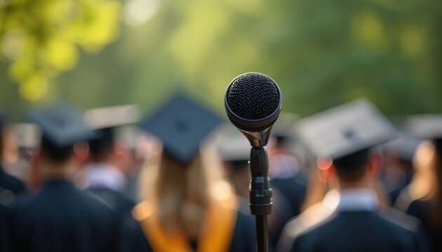 Microphone stands ready at graduation ceremony. Blurred students in caps and gowns await speeches. Focus on podium sound device, symbolizing future success and education milestone.