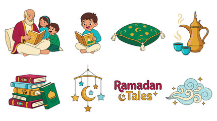 Obraz premium Illustrations of Ramadan traditions and stories with people, books, prayer mat, and lantern from a cultural viewpoint