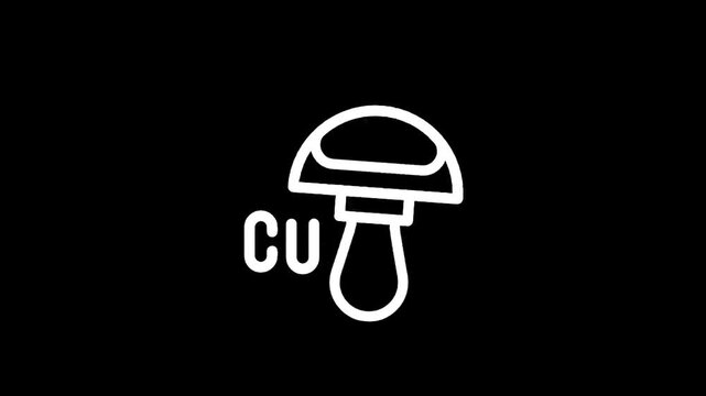 Minimalist white mushroom icon with the letters CU on a black background