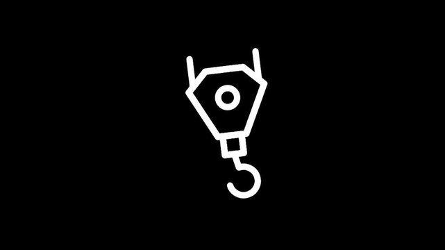 Simple white outline of a crane hook on a black background, minimalist industrial icon
