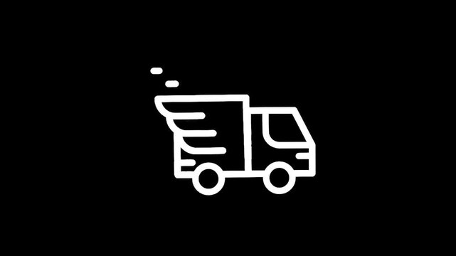 White line art icon of a delivery truck with wings on a black background