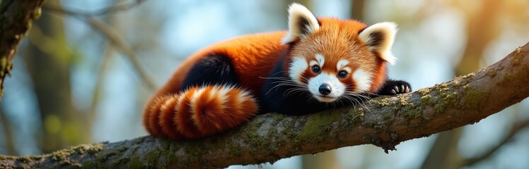 Fototapeta premium Fluffy red panda rests on tree branch. Cute mammal with striped tail looks at camera. Animal has orange fur and white face markings. Wild creature in natural habitat.
