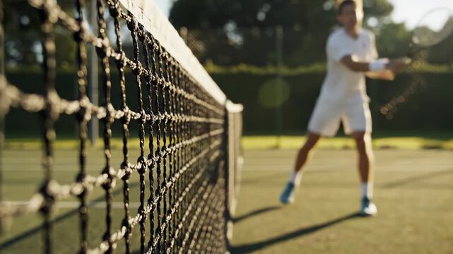 Young male tennis player in white sportswear practicing a forehand stroke on an outdoor court, with the net in the foreground during a sunny day, showcasing skill and athletic ability