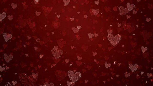 Hand Drawn Sketch Hearts on Deep Red Romantic Background | 4K Seamless Loop