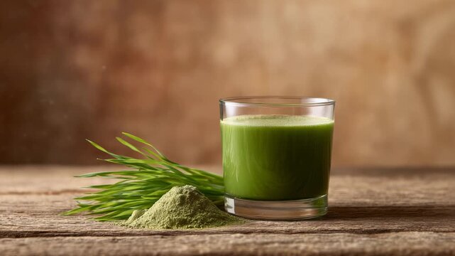 Fresh wheatgrass and its powdered form accompany a glass of vibrant green wheatgrass juice, promoting health and well being on a rustic wooden surface