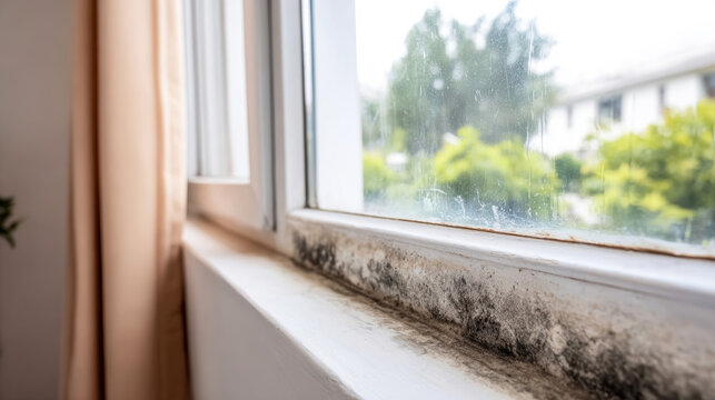 Window sill showing extensive black mold growth, condensation, and dirt on the glass, indicating dampness and poor hygiene