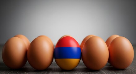 Unique Armenian egg standing out from brown eggs on wooden table