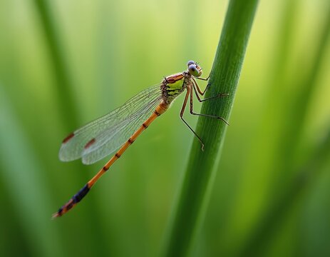 Male damselfly Ephemera danica rests on green grass stem. Delicate insect shows transparent wings with spots and striped body. Macro shot reveals detailed features of the wild fauna.