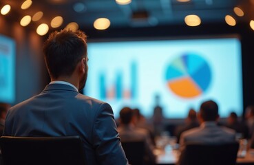 Fototapeta premium Man in suit watches business presentation with charts and pie graph on big screen. People listen in dark conference hall. Meeting shows financial data. Corporate event shares profit.