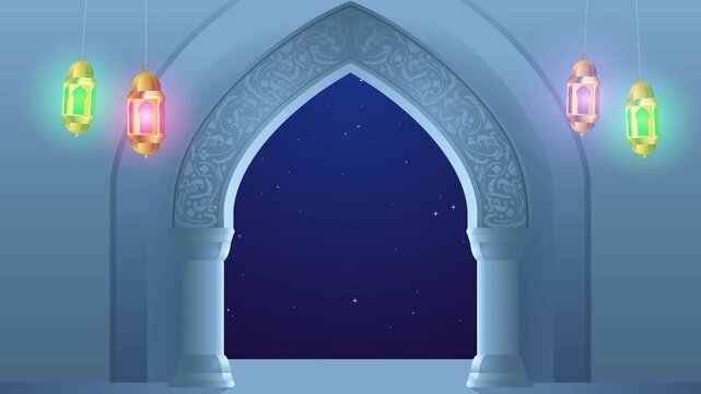 Looping motion graphic background featuring an Islamic arch with glowing lanterns. Ideal for Ramadan and Eid promotions and religious celebrations.