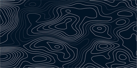 Obraz premium Abstract topographic map vector pattern with white contour lines on a deep navy blue background, representing terrain elevation and geographic landscape in a clean modern design style