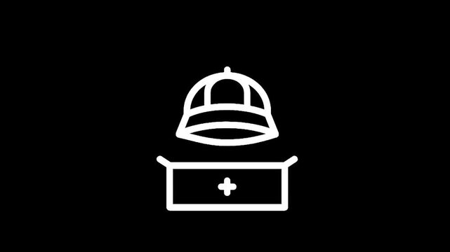 Simple line art icon of a baseball cap above an open box with a plus sign