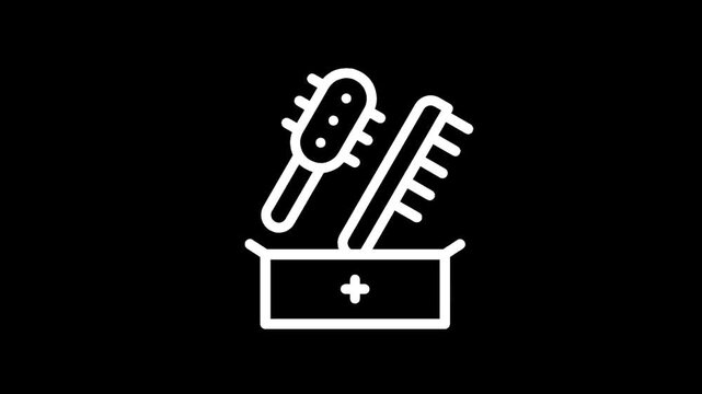 Simple white line art icon of a grooming kit with brushes and a comb in a box