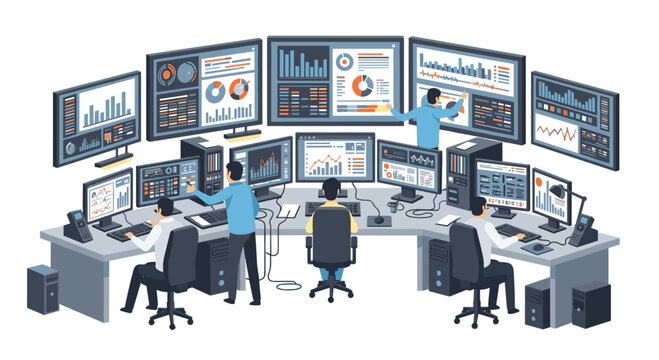 Data professionals monitoring and analyzing complex charts across multiple screens in a modern control room environment.