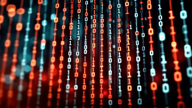 Abstract digital data stream with binary code in red and blue.