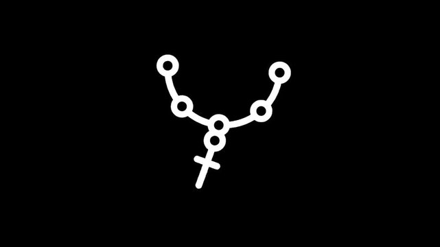Simple white line art of a rosary with a cross on a black background