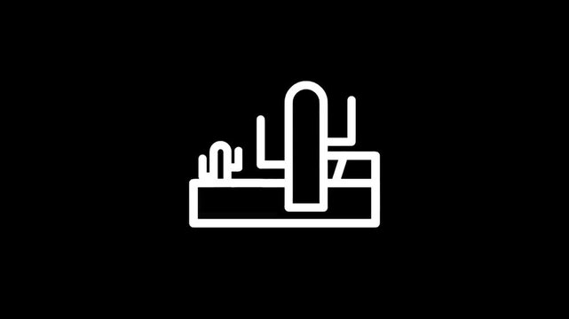 Minimalist line art icon of a cactus and a desert landscape with a building
