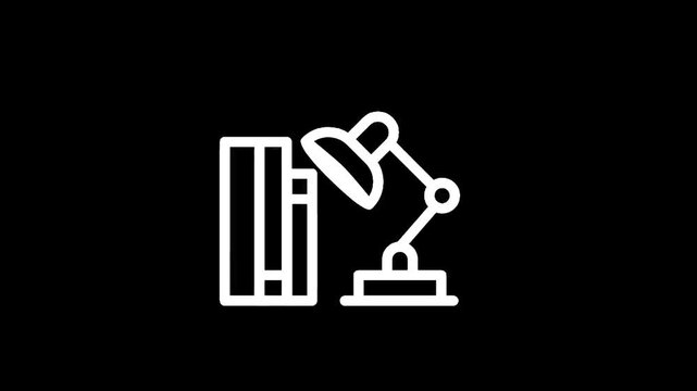 Minimalist icon of a desk lamp illuminating a stack of books on a black background