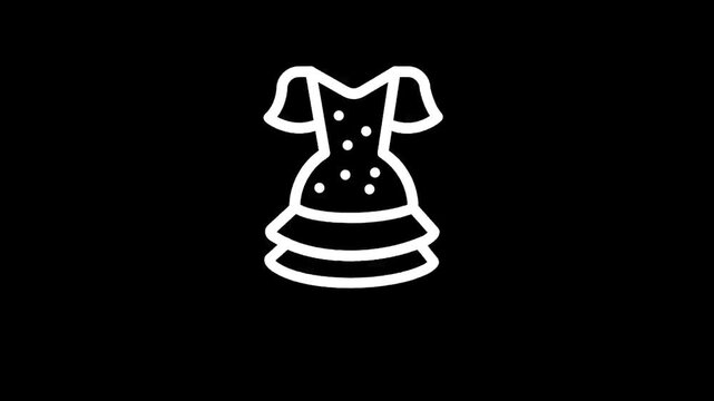 Simple white line art icon of a polka dot dress with ruffled skirt on black background