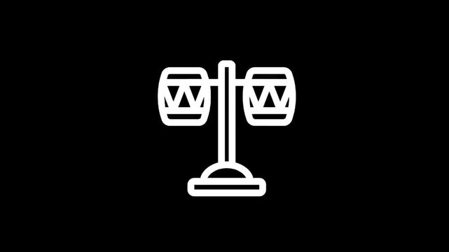 Simple white outline icon of bongo drums on a stand against a black background