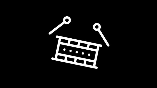 Simple line art icon of a drum with two drumsticks on a black background