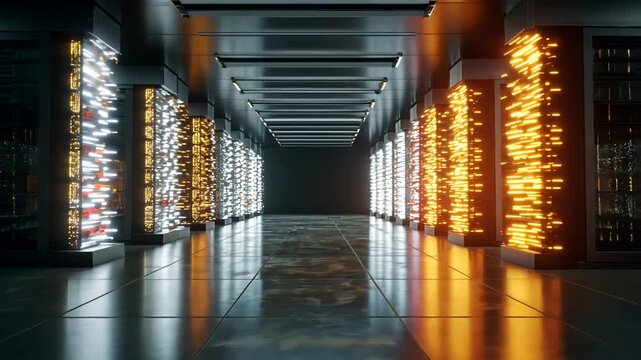 Futuristic server room corridor with glowing racks, reflecting on a dark floor
