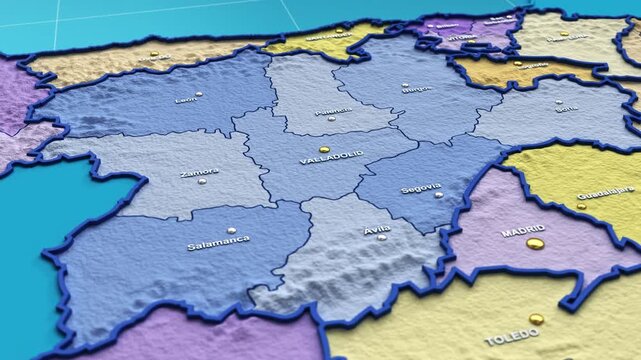 3D animation of a map of Spain zooming into the Castile And Leon region