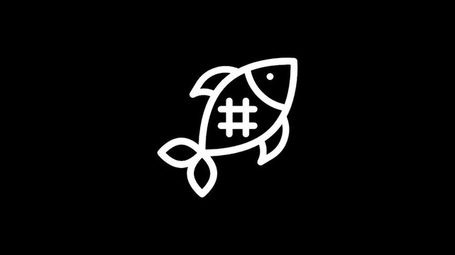 Simple white fish icon with hashtag symbol on its body against black background