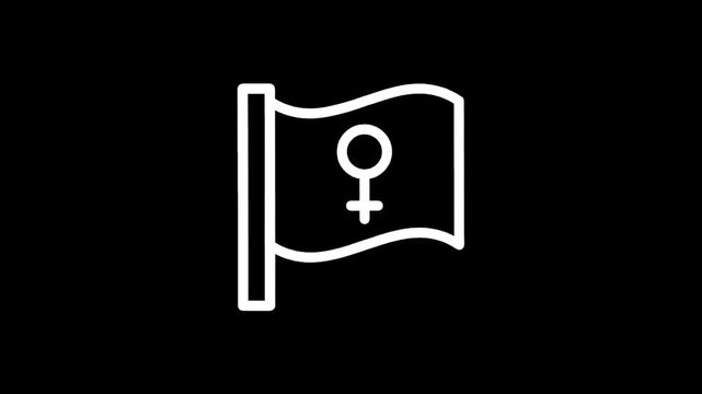 Feminist flag with female symbol waving on a flagpole, minimalist white outline on black