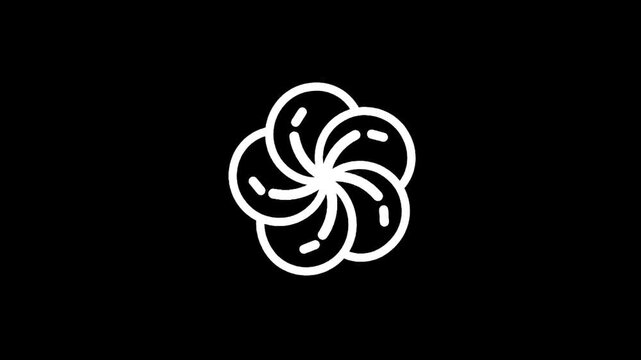 Abstract white flower icon with swirling petals on a black background
