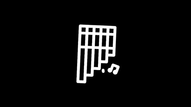 Simple white outline icon of a pan flute with musical notes on a black background