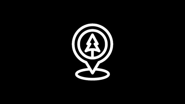 Simple white line art icon of a tree inside a location pin on a black background