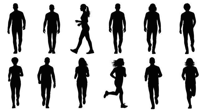 Collection of black silhouettes of people walking and running, displaying various body types and genders in motion, perfect for graphic design and conceptual use