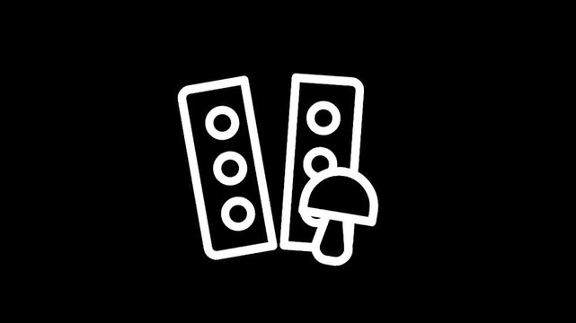 Minimalist white line art of two speakers and a mushroom on a black background