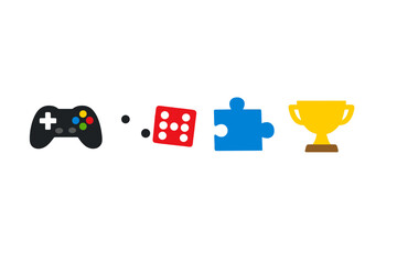Fototapeta premium Different gaming items including a game controller, dice, puzzle piece, and trophy arranged on a white background in a simple layout