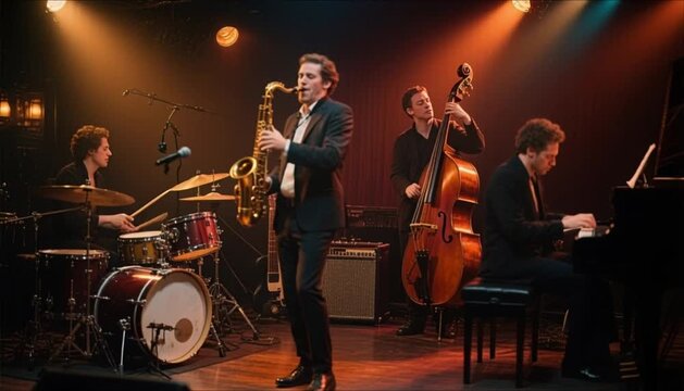 Jazz quartet performing on stage with saxophone and drums in club  