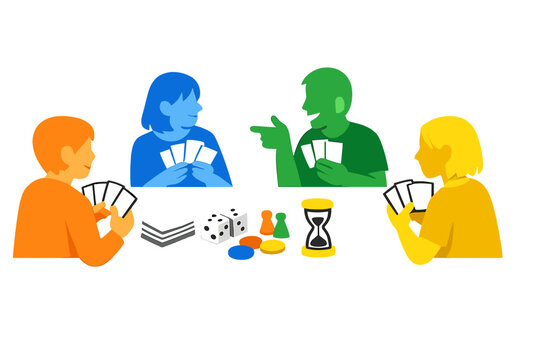 Four friends playing card games around a table with various game pieces and an hourglass during an afternoon gathering