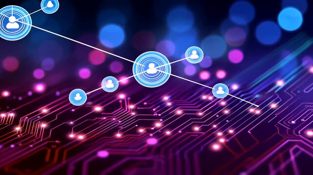 Abstract technology network design with circuit board and bokeh background